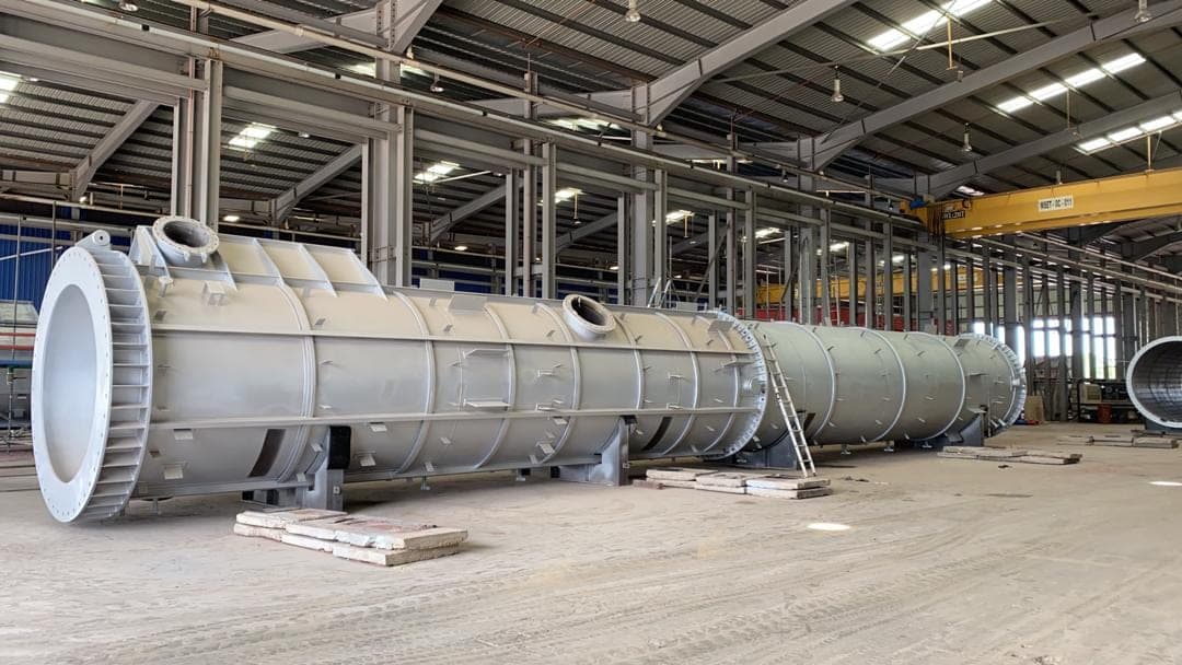 Finished painted STACK sections laid out for trial assembly at the Petro Sep Malaysia fabrication shop.